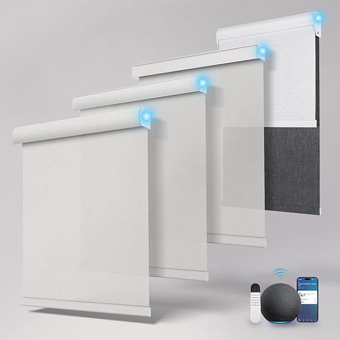Motorized Blinds with Remote,Light Filtering Smart Roller Shades with App,Voice Control,See-through Fabric,Thermal Insulated Automatic Blinds,Electric Shades with USB/Solar Pannel.Solar White