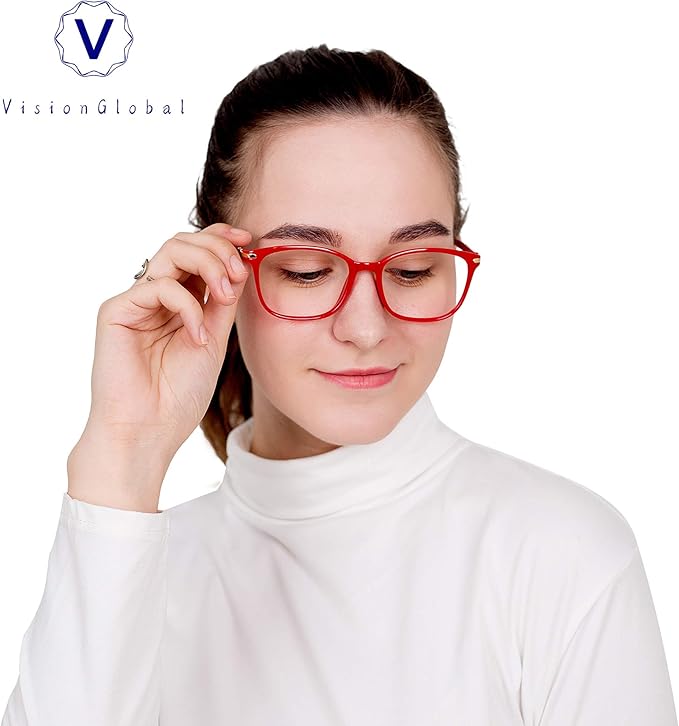 VisionGlobal Blue Light Blocking Glasses for Women/Men, Anti Eyestrain, Computer Reading, TV Glasses, Stylish Square Frame, Anti Glare