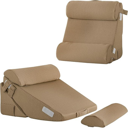 Bedluxe Adjustable 4pcs Bed Wedge Pillow Set, Memory Foam Wedges Pillow Post Surgery for Back, Neck, Leg Pain Relief, Pillows Wedge for Sleeping, Sitting up in Bed, Acid Reflux and GERD, Brown