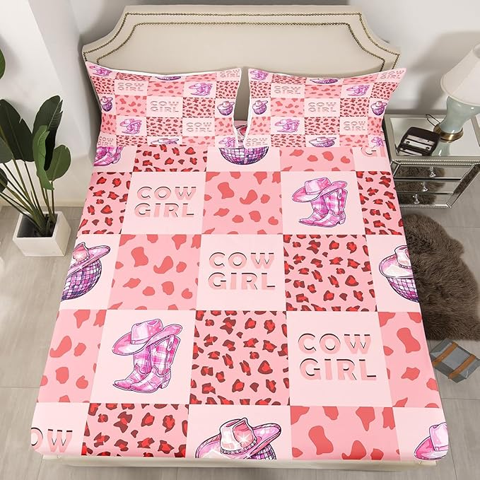 Cowgirl Fitted Sheet Twin Size,Rustic Pink Cow Fur Plaids Patchwork Bed Sheet with 1 Pillowcase,Princess Western Tribal Boots Hats Glitter Planet Soft Decorative Fabric Bedding,Room Gift