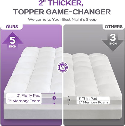 SINWEEK Dual Layer 5 Inch Memory Foam Mattress Topper Twin XL Size for Dorm Room, 3 Inch Gel Memory Foam Plus 2 Inch 1450 GSM Pillow Top Mattress Pad Cover, College Dorm Essentials, White