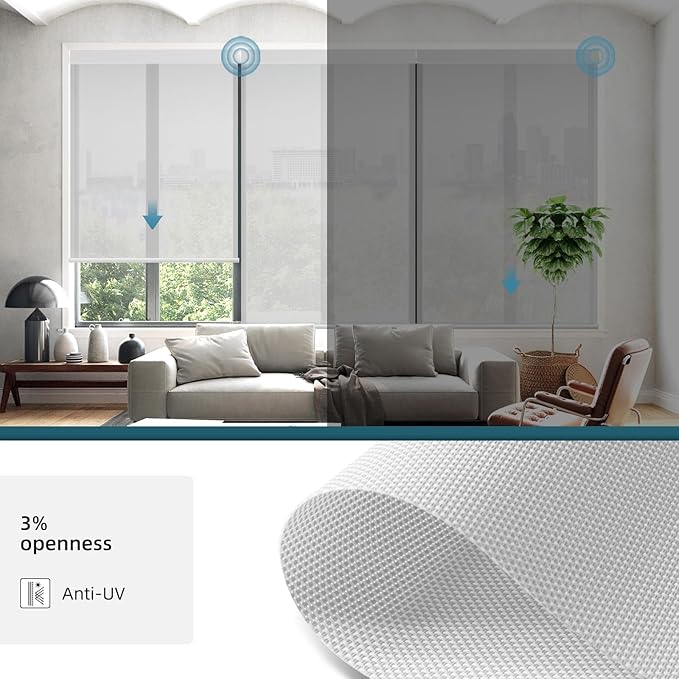 Motorized Shades Compatible with Alexa,Google Asssitant,Homekit Over Thead,3% Openness Solar Roller Blinds for Window,Smart Blinds with Remote,APP/Voice Control,3% Openness Aventus White