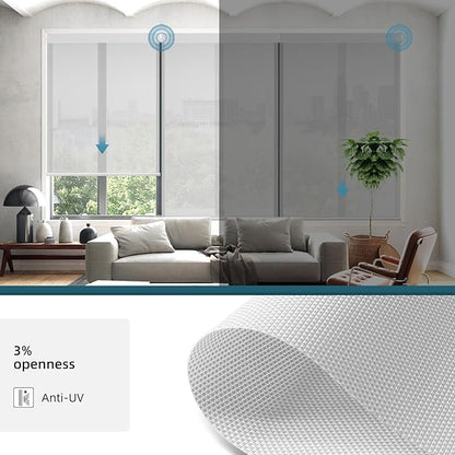 Motorized Shades Compatible with Alexa,Google Asssitant,Homekit Over Thead,3% Openness Solar Roller Blinds for Window,Smart Blinds with Remote,APP/Voice Control,3% Openness Aventus White