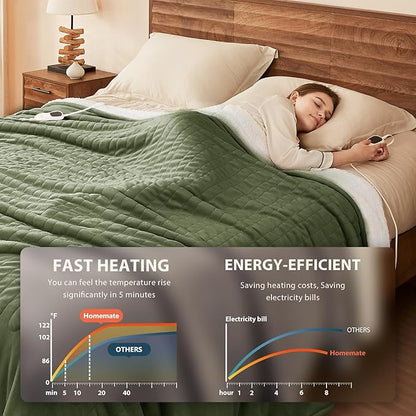Homemate Electric Heated Blanket Twin Size - 62"x84" Heating Blanket Twin Size 1/2/4/6/8 Hours Auto-Off 10 Heat Level Over-Heat Protection Flannel Sherpa ETL Certification