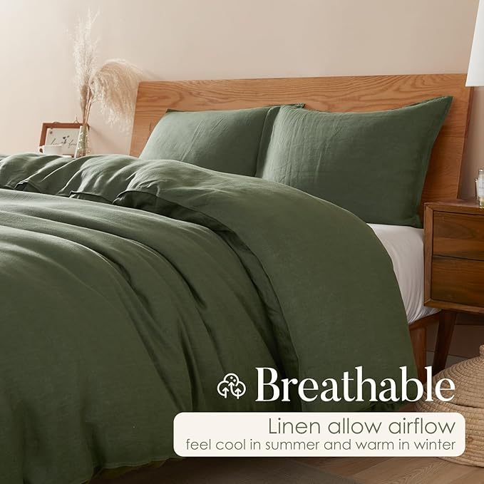 DAPU 100% Linen Olive Green Duvet Cover Set - Pure Natural French Flax Linen with Corner Ties and Zipper Closure Soft Breathable Durable for Hot Sleepers 1 Duvet Cover 2 Pillowcases (King)