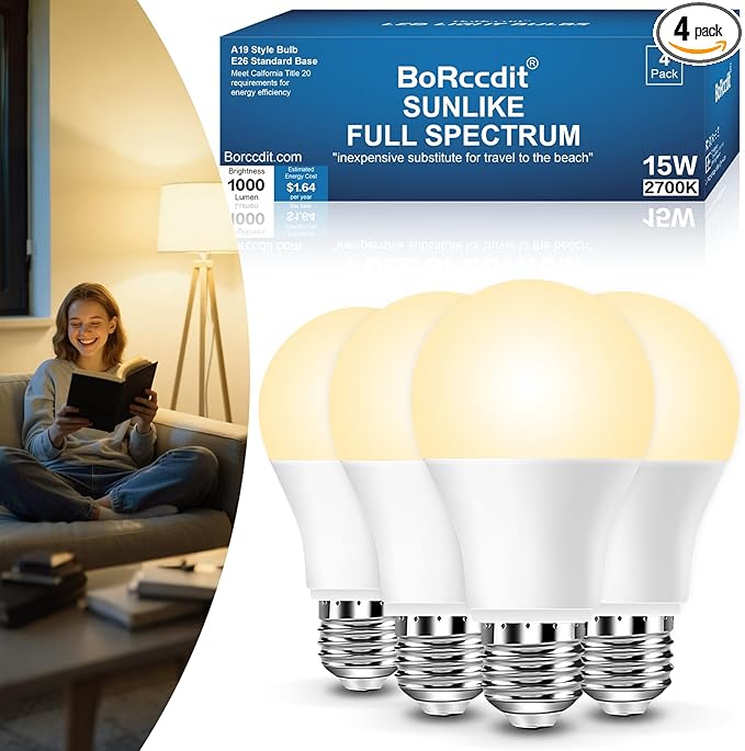 BoRccidt SunLike Full Spectrum Light Bulb 2700K Warm LED 15W=100W, Flicker-Free & UV-Free, 90+CRI & 30000H Lifespan, 4-Pack A19 E26/E27 Soft White Sunlight Light Bulbs for Humans, Home, Office, Plant