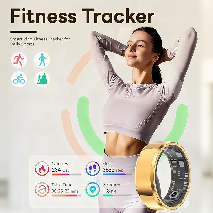 Smart Ring for Women & Men, Smart Rings Health Tracker with Heart Rate, Sleep Monitoring, Long Lasting Battery, IP68 Waterproof Fitness Ring for iOS & Android, No Subscription Fee (Gold, #7)