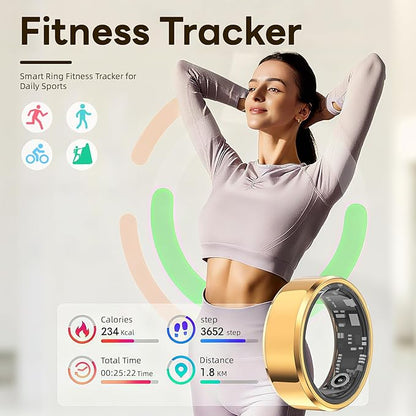 Smart Ring for Women & Men, Smart Rings Health Tracker with Heart Rate, Sleep Monitoring, Long Lasting Battery, IP68 Waterproof Fitness Ring for iOS & Android, No Subscription Fee (Gold, #7)