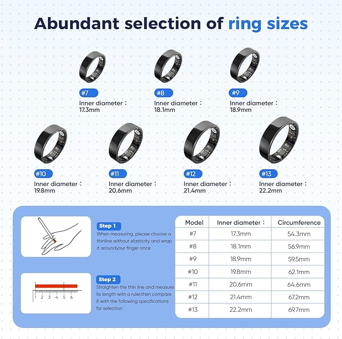 Smart Ring Health Tracker, Sleep/Exercise Monitoring, iOS/Android Compatible, IP68 Water Resistance, No Subscription Required, 5-Day Battery Life, Suitable for Both Women and Men (Silver, 11)
