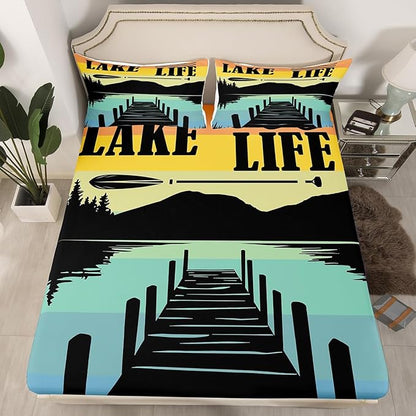 Lake Life Kids Fitted Sheet Queen Size,Adventure Camping Lake House Fishing Bedding Set,Boys Girls Room Decor,Rustic Cabin Outdoor Nature Bed Cover,Blue Black Bed Sheet,2 Pillowcases(No Top Sheet)
