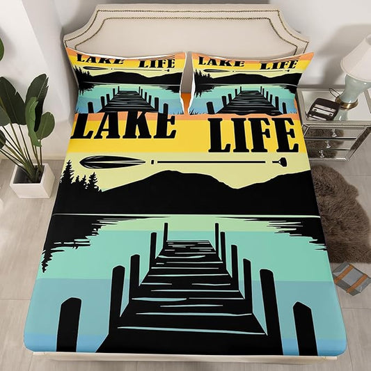 Lake Life Kids Fitted Sheet Full Size,Adventure Camping Lake House Fishing Bedding Set,Boys Girls Room Decor,Rustic Cabin Outdoor Nature Bed Cover,Blue Black Bed Sheet,2 Pillowcases(No Top Sheet)