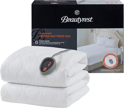 Beautyrest Cotton Blend Heated Mattress Pad Secure Comfort Technology - Luxury Quilted Electric Mattress Pad with Deep Pocket - 5-Setting Heat Controllers, Twin, White