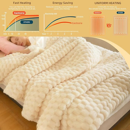 Heated Blanket Throw 50" x 60" Soft Ribbed Faux Fur Flannel Fast Heating 12 Heat Levels 1–12H Timer & Overheat Protection & Auto Shut-Off & ETL FCC & Machine Washable Heated Throw