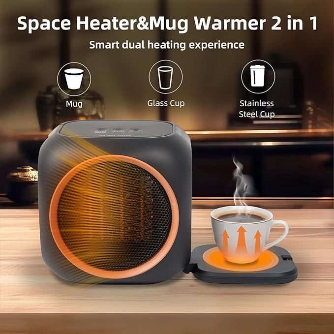 Space Heater with Mug Warmer, Electric Space Heaters for Indoor Use with Thermostatc, Candle Warmer Pate for Bedroom, Office, Large Room Use