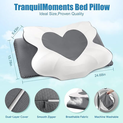 Cervical Neck Pillow for Sleeping, Memory Foam Pillow for Neck Support, Ergonomic Pillow for Pain Relief, Contour Bed Pillow for Side Back Stomach Sleepers, Grey, Queen Size