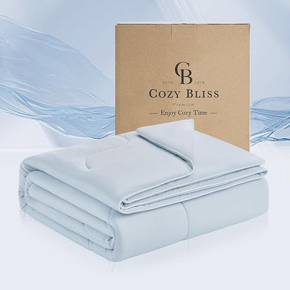 Cozy Bliss x Sorona® Viscose Natural Fiber Cooling Comforter Twin Size, Reversible Silky Smooth Cooling Blanket with Q-Max＞0.45 for Hot Sleepers & Night Sweats, Cool Blue, 68"x90"