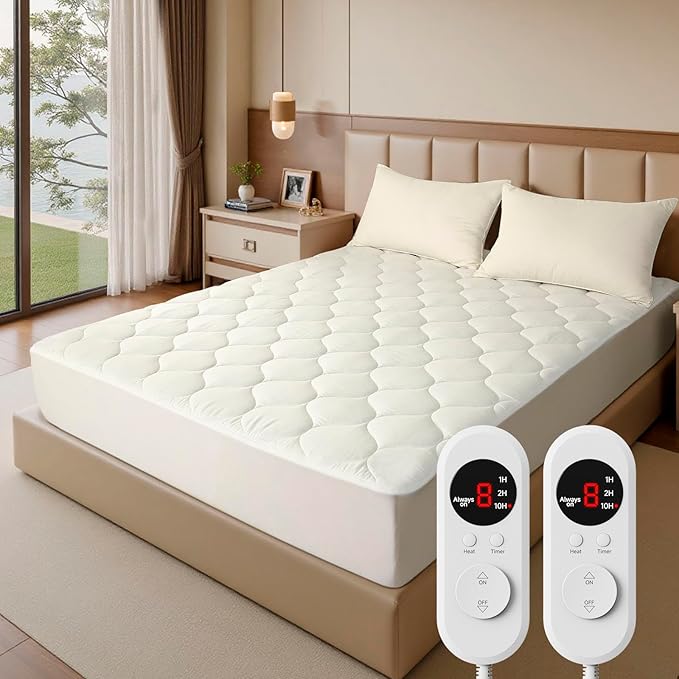 Heated Mattress Pad Calking Size - Electric Mattress Pad with Dual Control, Soft Blanket, Bed Warmer Heater Sheets, 8 Heating Settings,1/2/10 Hours Auto Shut Off, 72" x84" Ellipse White