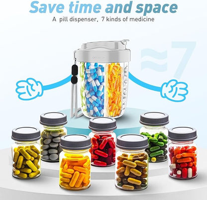 Pill Dispenser with 7 Large Compartments - Portable Pill Organizer for Travel, Anti-Mix Design & Wide Opening Design, Easy Access to Vitamin Dispenser, Includes 20 Blank Stickers(Gray)