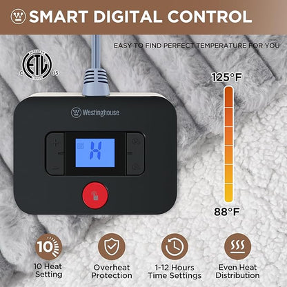 Westinghouse Electric Blanket Queen Size, Soft Luxury Faux Fur & Sherpa Heated Blanket with 10 Heating Levels & 1-12 Hours Auto Off, Fast Heating Blanket, Machine Washable, 84x 90 Inch Light Grey