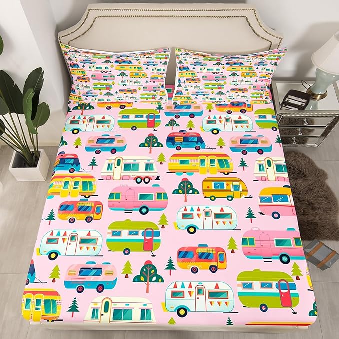 Happy Camping Kids Fitted Sheet Queen Size,Colorful Cartoon Camper Truck RV Trailer Bedding Set,Girls Women Room Decor,Outdoor Adventure Trip Bed Cover,Pink Bed Sheet,2 Pillowcases(No Top Sheet)