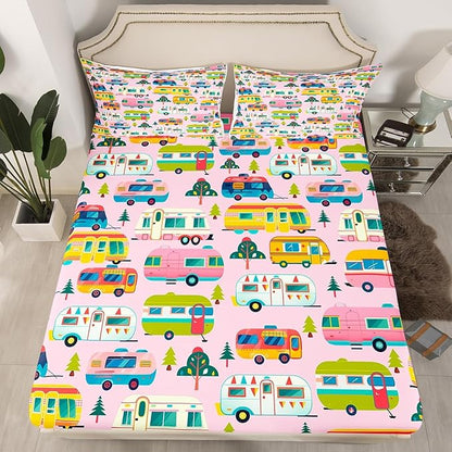 Happy Camping Kids Fitted Sheet Queen Size,Colorful Cartoon Camper Truck RV Trailer Bedding Set,Girls Women Room Decor,Outdoor Adventure Trip Bed Cover,Pink Bed Sheet,2 Pillowcases(No Top Sheet)