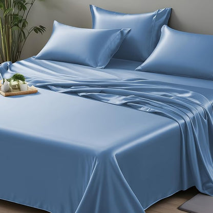 LINENWALAS California King Flat Sheet Only - Rayon Derived from Bamboo Silk Bed Sheet, Premium Cooling, Soft Top Sheet (Cal King, Bahamas Blue)
