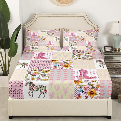 Cowgirl Boots Fitted Sheet,Full Size Western Cowboy Floral Horse Horseshoe Rustic Farmhouse Collections,Retro Pink Lattice Patchwork Bedding Deep Pocket for Teens Young with 2 Pillowcases
