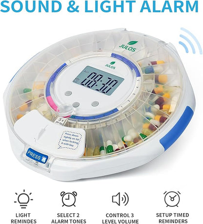 JULOS Bluetooth Automatic Pill Dispenser with Sound/Light/App Alerts for Seniors, Locked 28-Day Medication Organizer, up to 9 Alarms/Day, Pill Dispenser for Vitamins & Supplements & More, Clear Lid