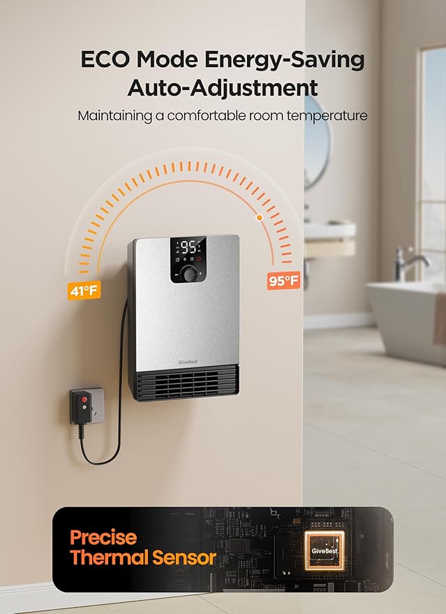 Wall Heater for Bathroom, 1500W Fast Heating Electric Space Heater with ALCI Plug, Adjustable Thermostat, 3 Heating Modes, 24H Timer, Easy Mounted Heater for Indoor Use, Home, Office, Silver