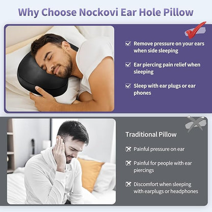Black Ear Piercing Pillow - Side Sleeper Support with 3.5" Ear Hole Relief, Hypoallergenic Velvet Orthopedic Pillow for Healing Piercings