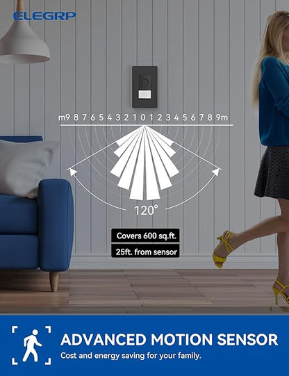 ELEGRP Smart Motion Sensor Switch, 2.4GHz Wi-Fi Single Pole Light Switch Works with Alexa & Google Assistant, APP Remote Control, Neutral Wire Required, UL Certified, No Hub Required (Black, 2 Pack)