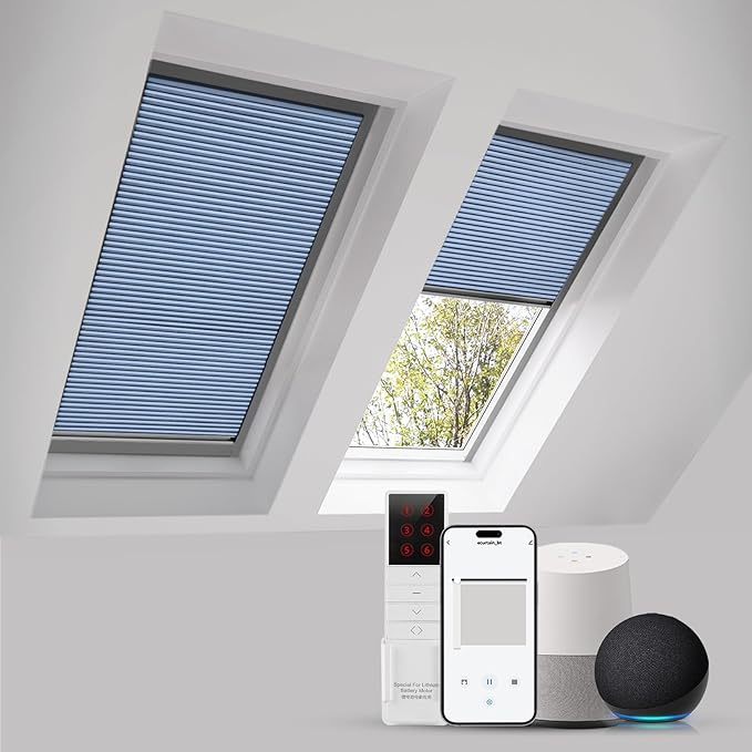 ZSTARR Motorized Skylight Shades Blackout Cellular Honeycomb Electric Blinds with Solar Panel Cordless Rechargeable with Remote for Roof and Slanted Windows Custom Size (Black Out Blue)
