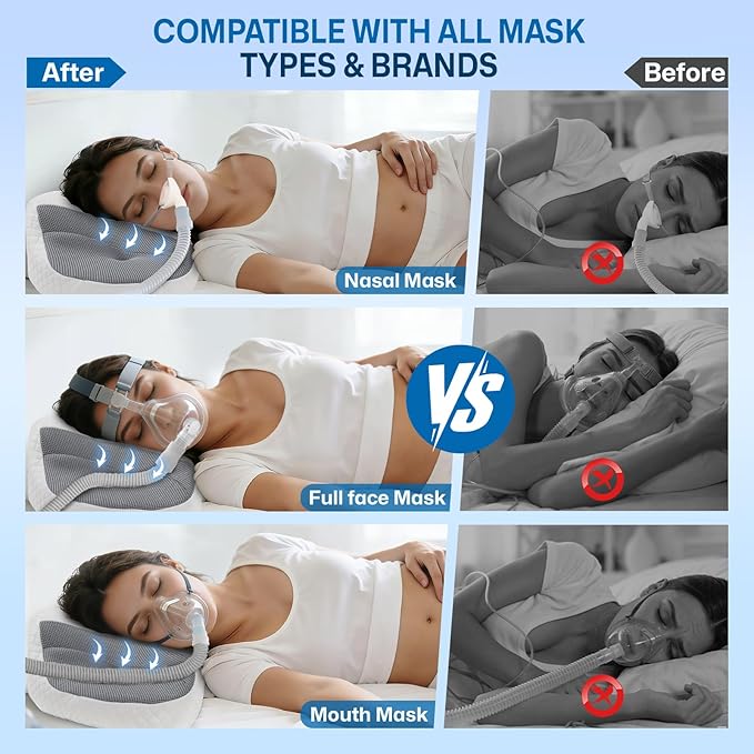 CPAP Pillow for Side & Back Sleepers - Mask Compatible Contour Design to Reduce Leaks, Breathable Memory Foam Pillow with Ergonomic Support & Hose-Friendly Cutouts for Comfortable Sleep, Grey