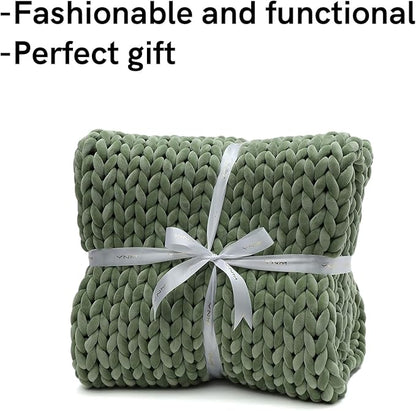 YnM Velvet Weighted Blanket, Handmade Chunky Knitted Design, Soft and Cozy, Temperature Regulating and Breathable, Machine Washable Throw for Sleep or Home Decor (Avocado Green, 60x80 Inch, 15lbs)