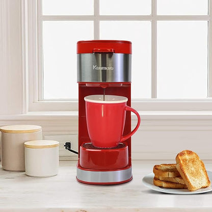 Kenmore Single Serve Coffee Maker – Compatible with Keurig K‑Cup Pods & Ground Coffee, One Cup Brewer, 6–14 Oz Brew Sizes, Travel Mug Friendly, Auto Shut‑Off, Hot & Iced Maquina de cafe, Red