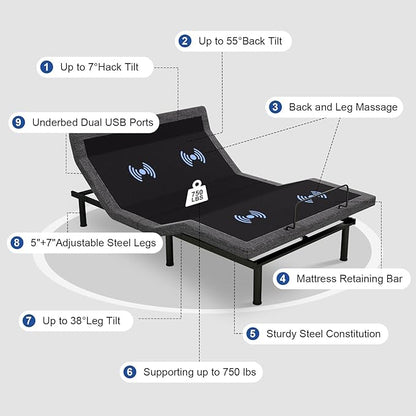 Vipbear Full Adjustable Bed Frame with Mattress, 14 Inch Grey Gel Memory Foam Firm Mattress in Box, Adjustable Bed Base with Pillow-Tilt,APP Control, Updated Electric Beds with USB,Wireless Remote