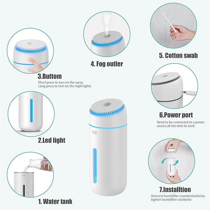 Small Humidifiers for Bedroom Nightstand Room 400ML USB Humidifer Plant Cool Mist Humidifier Easy Clean Travel Mini Portable Personal Desk Car Quiet Auto Shut-off Air Humidifier with Led Lights