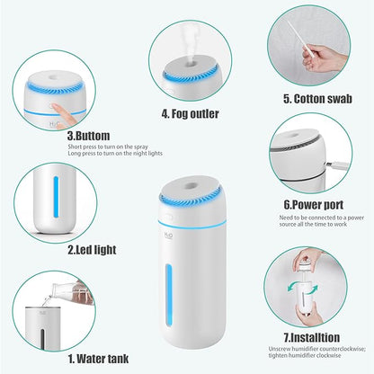 Small Humidifiers for Bedroom Nightstand Room 400ML USB Humidifer Plant Cool Mist Humidifier Easy Clean Travel Mini Portable Personal Desk Car Quiet Auto Shut-off Air Humidifier with Led Lights