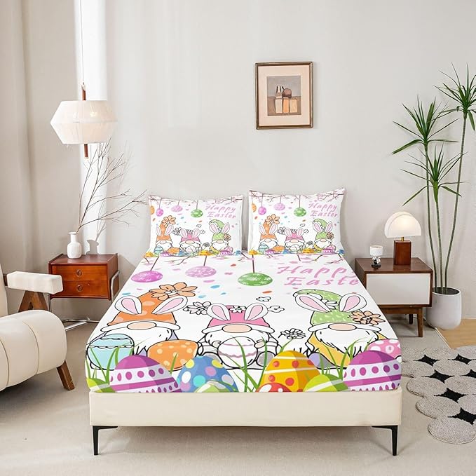 Cute Gnome Fitted Sheet Queen Size Happy Easter Eggs Flowers Bedding Set for Kids Bedroom Cartoon Floral Spring Bed Sheet Set 3pcs White Colorful Deep Pocket Mattress Cover,No Top Flat