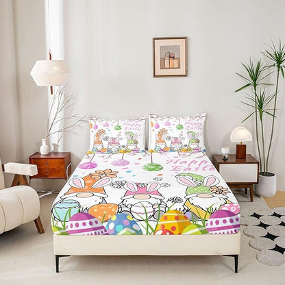 Cute Gnome Fitted Sheet Full Size Happy Easter Eggs Flowers Bedding Set for Kids Bedroom Cartoon Floral Spring Bed Sheet Set 3pcs White Colorful Deep Pocket Mattress Cover,No Top Flat