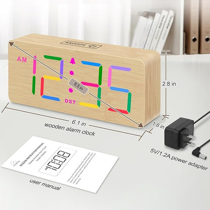 DreamSky Wooden Digital Alarm Clock for Bedroom - RGB Desk Clocks for Living Room with Large Numbers, Dimmer, Loud Alarm for Heavy Sleepers with Volume Control, Office Wood Decor (Plug in Clock)