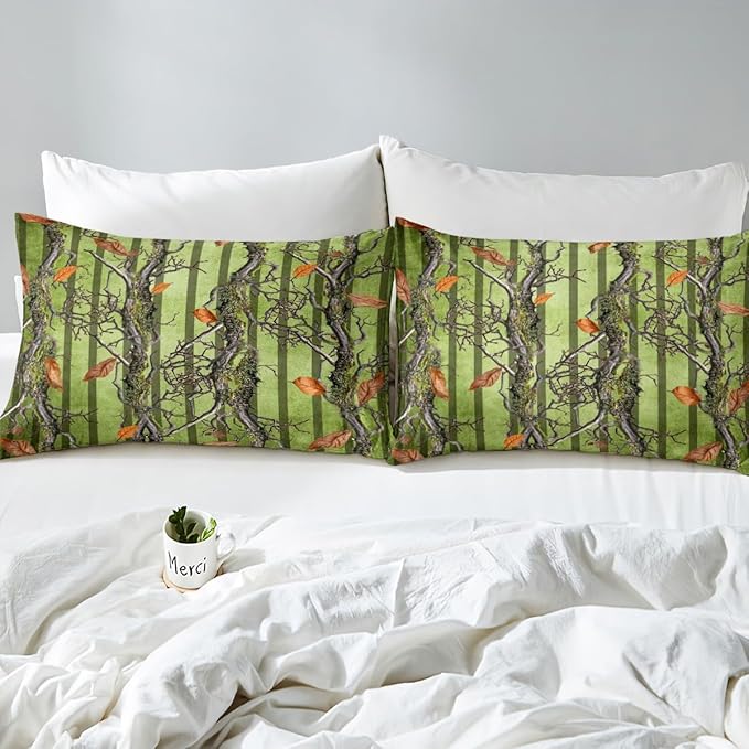 Tree Branches Kids Fitted Sheet Queen Size,Wild Hunting Adventure Cabin Bedding Set,Boys Girls Room Decor,Jungle Botanical Leaves Rustic Nature Bed Cover,Green Bed Sheet,2 Pillowcases(No Top Sheet)
