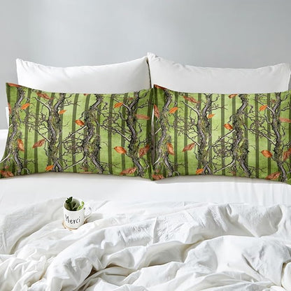 Tree Branches Kids Fitted Sheet Queen Size,Wild Hunting Adventure Cabin Bedding Set,Boys Girls Room Decor,Jungle Botanical Leaves Rustic Nature Bed Cover,Green Bed Sheet,2 Pillowcases(No Top Sheet)