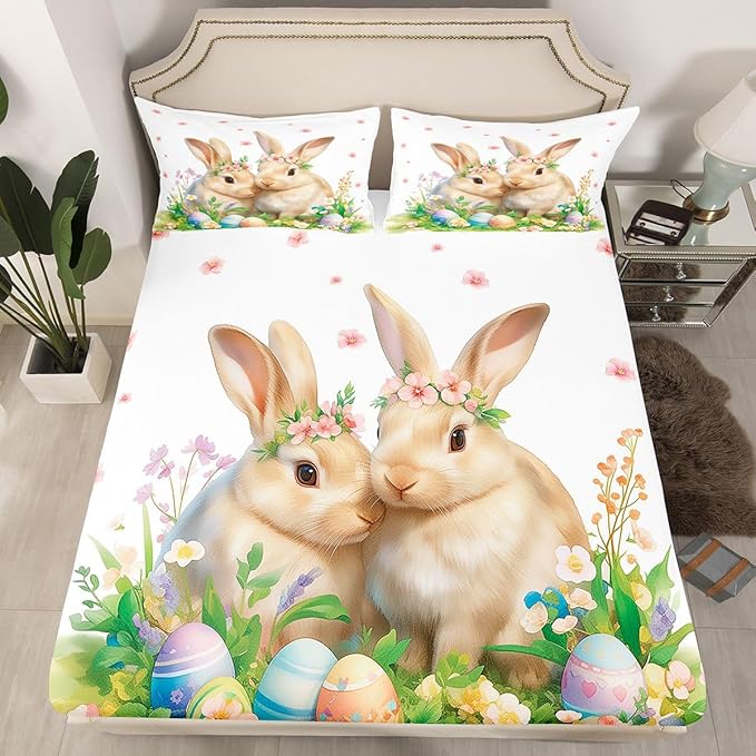 Cute Rabbit Bed Sheet Full Size Happy Easter Cartoon Animal Bedding Set Spring Flowers Easter Egg Fitted Sheet Kids Boys Girls Room Decor Green Yellow Soft Sheets with 2 Pillowcase,No Top Flat