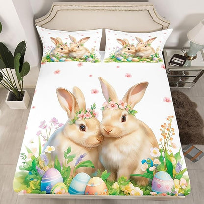 Cute Rabbit Bed Sheet Full Size Happy Easter Cartoon Animal Bedding Set Spring Flowers Easter Egg Fitted Sheet Kids Boys Girls Room Decor Green Yellow Soft Sheets with 2 Pillowcase,No Top Flat