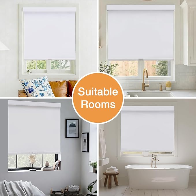 AOSKY No Drill Cordless Blackout Roller Shades with Valance,Customize Blinds for Indoor Windows,Room Darkening Window Shades Pull Down with Free-Stop Spring System, UV Protection for Home White