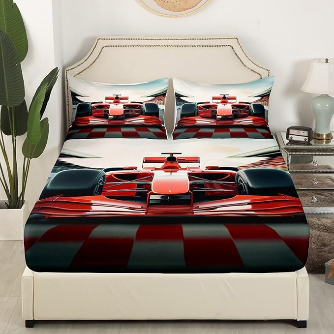 Manfei 3D Red Formula Car Bedding Set Twin Size Cool Racing Car Bed Set for Teens Bedroom Decor Kids Sheet Microfiber Racing Speed Sport Bed Cover(1 Fitted Sheet+1 Pillow Case) No Flat Sheet