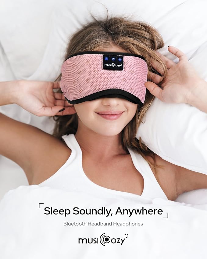 MUSICOZY Bluetooth Sleep Headphones for Side Sleepers, Wireless Headphones with Ultra-Thin Speakers in Comfortable Eye Headphone for Sleeping, Travel, Workout(Mesh Pink)