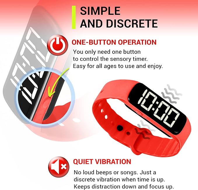Sensory Wrist Timer for Kids, Teachers, Students, Simple Reminder Watch with Silent Alarm Clock Wristband, Classroom Countdown (Red)