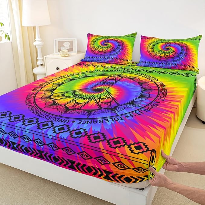 Manfei Watercolor Peace Sign Sheet Set Twin Size Tie-Dye Rainbow Bed 3pcs with Deep Pocket Fitted + Flat 1 Pillowcase Boho Exotic Style Soft Bedding for Kids Teens Room Decor, (WWS6619GYY-CLB_USt)